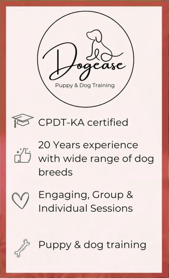 A dog training certification card with the words " dogase puppy & dog training " and " cpd-ka certified ".
