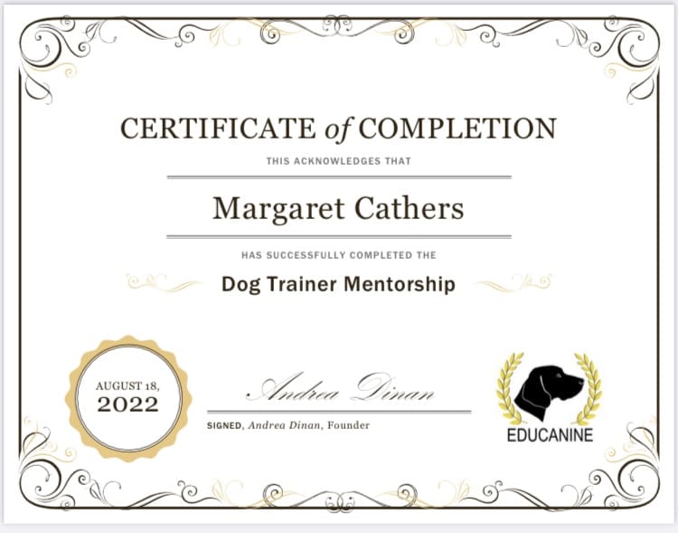 A certificate of completion for a dog trainer.