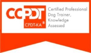 A red and white banner with the words " certified professional dog trainer, knowledge assessed."